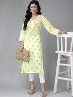 Thumbnail for ADA Women Yellow & Green Embroidered Chikankari Handloom Kurta Handloom Kurta with Trousers - Distacart