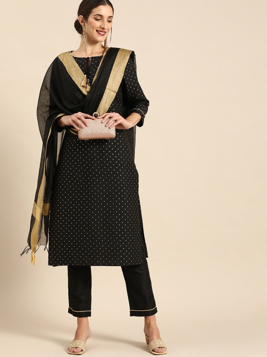 All About You Women Black & Gold Printed Regular Kurta with Trousers & Dupatta - Distacart