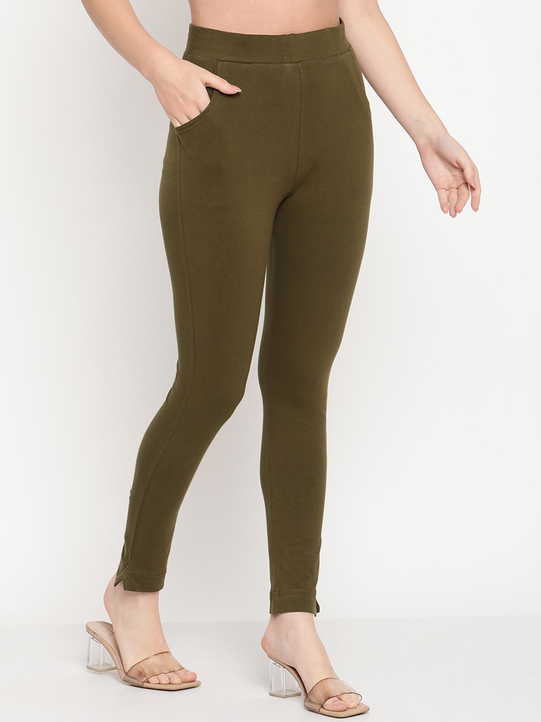 TAG 7 Women Olive Green Solid Ankle-Length Leggings - Distacart