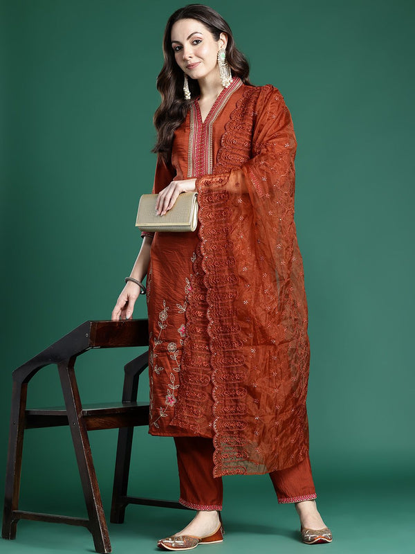 Indo Era Women Ethnic Motifs Embroidered Regular Sequinned Kurta with Trousers & With Dupatta