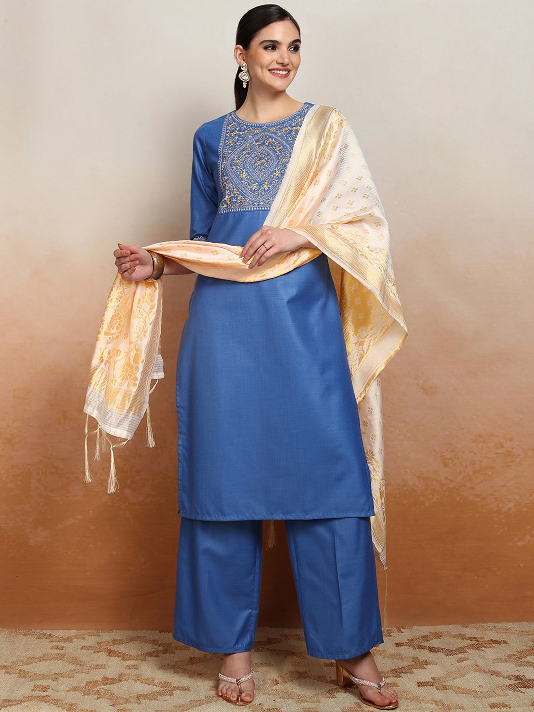 Vishudh Embroidered Straight Kurta With Palazzo & Dupatta - Distacart