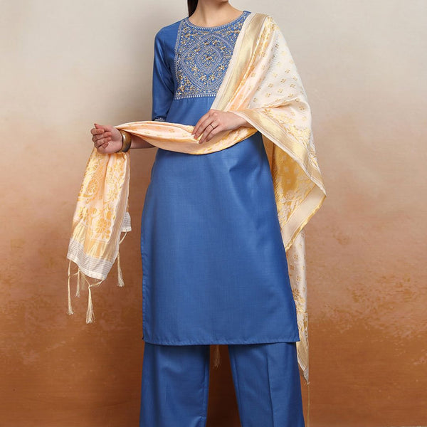 Vishudh Embroidered Straight Kurta With Palazzo & Dupatta - Distacart