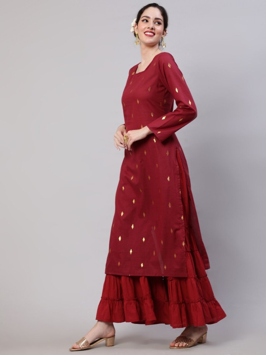 Aks Woven Design Round Neck Zari Cotton A-Line Kurta - Distacart