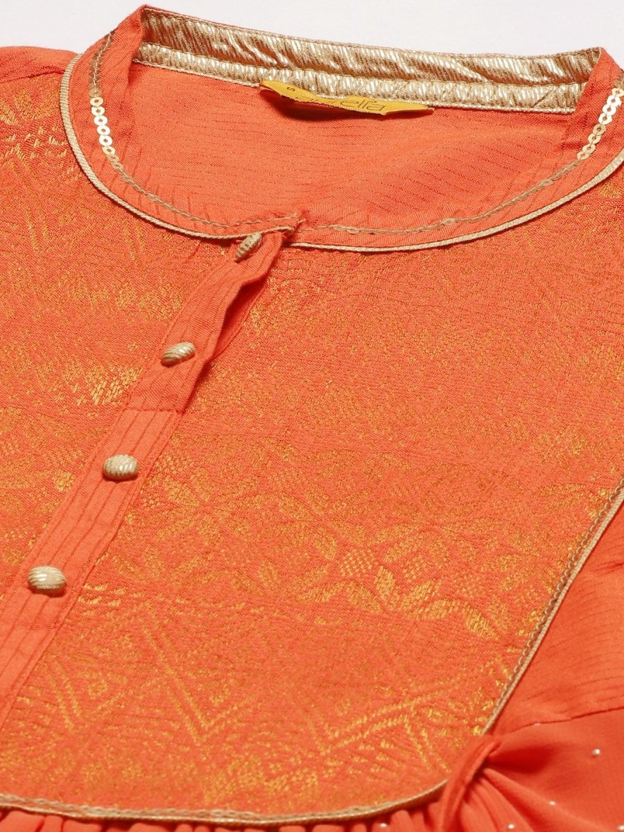 AURELIA Orange & Golden Yoke Design Maxi Dress - Distacart