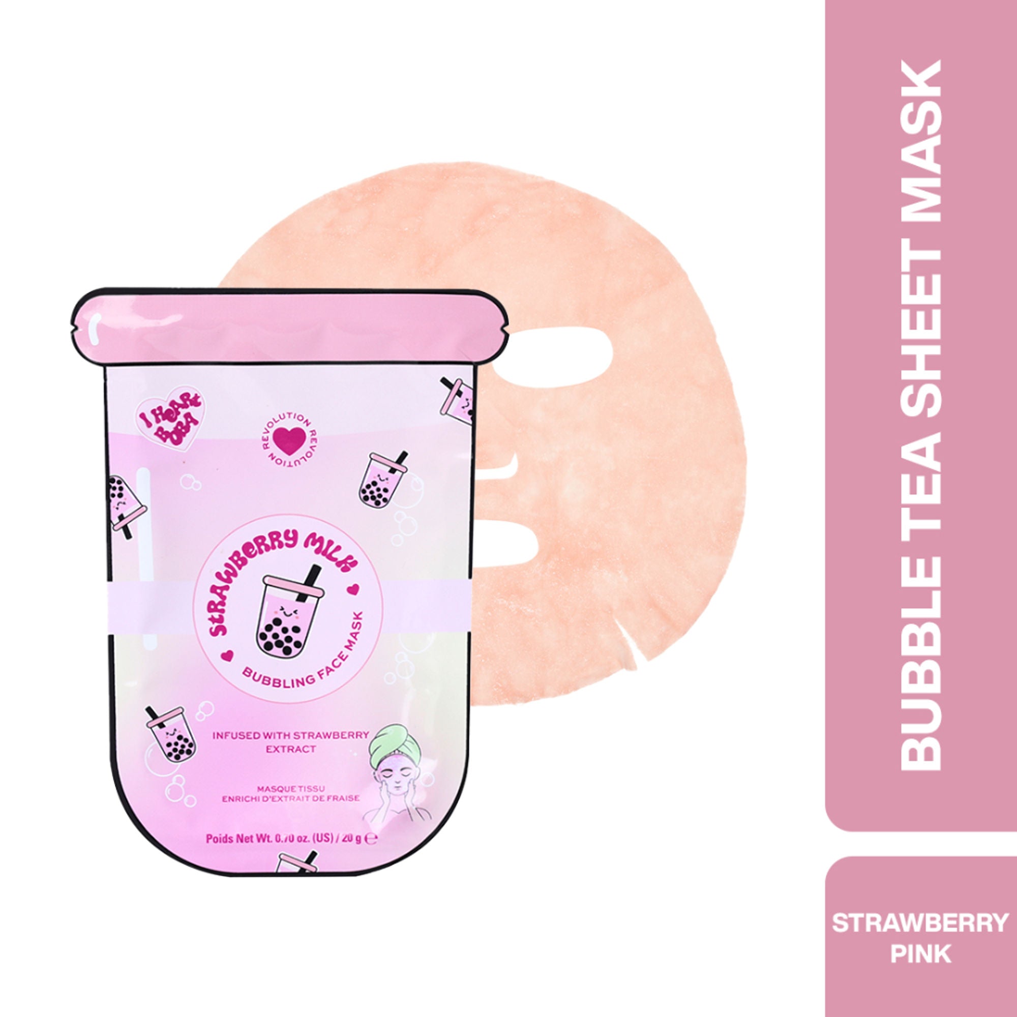 Makeup Revolution Bubble Tea Strawberry Milk Bubble Sheet Mask - Strawberry Pink