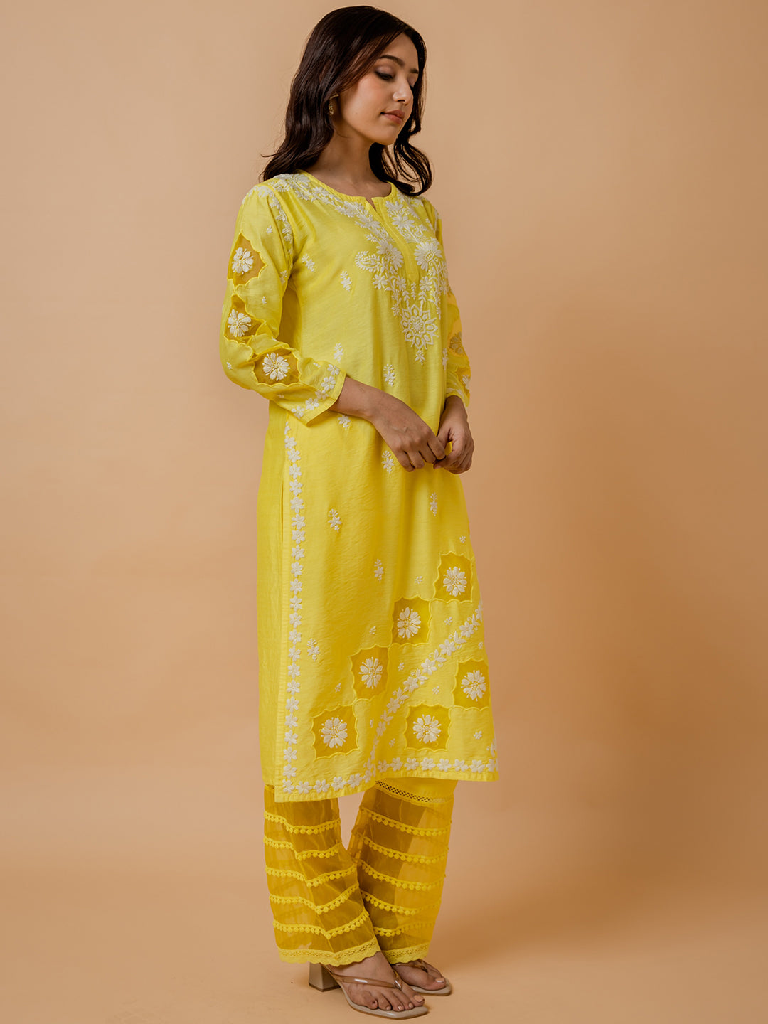 HOUSE OF KARI Ethnic Motifs Embroidered Round Neck Chikankari Chanderi Silk Kurta - Distacart