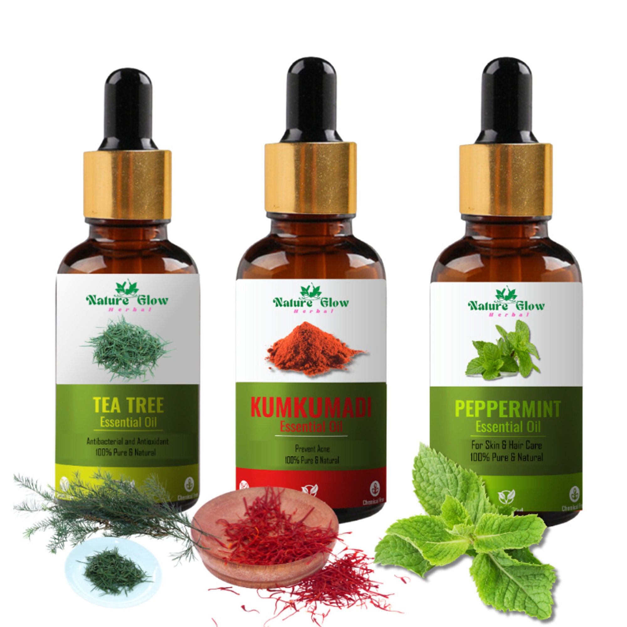 Nature Glow Herbal Tea Tree & Kumkumadi & Peppermint Esssential Oil - Pack Of 3