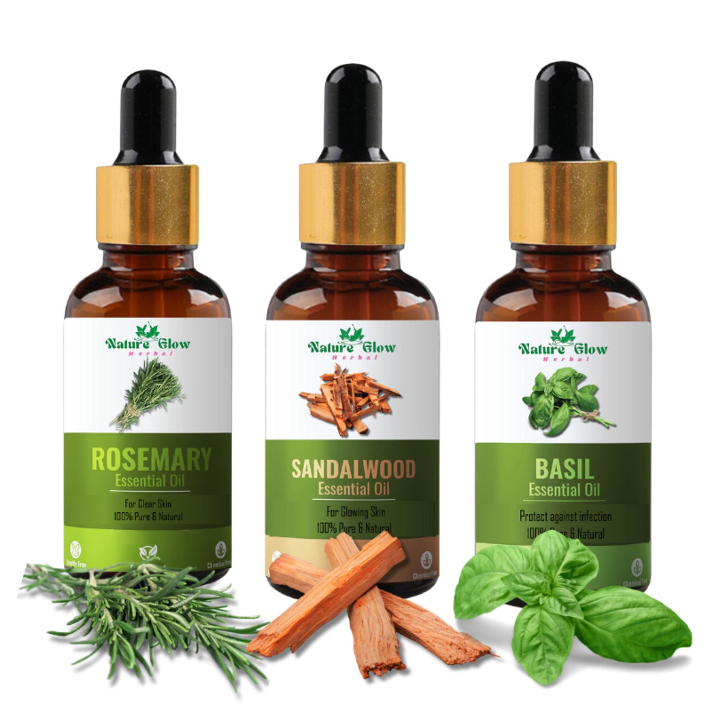 Nature Glow Herbal Rosemary & Sandalwood & Basil Essential Oil - Pack Of 3