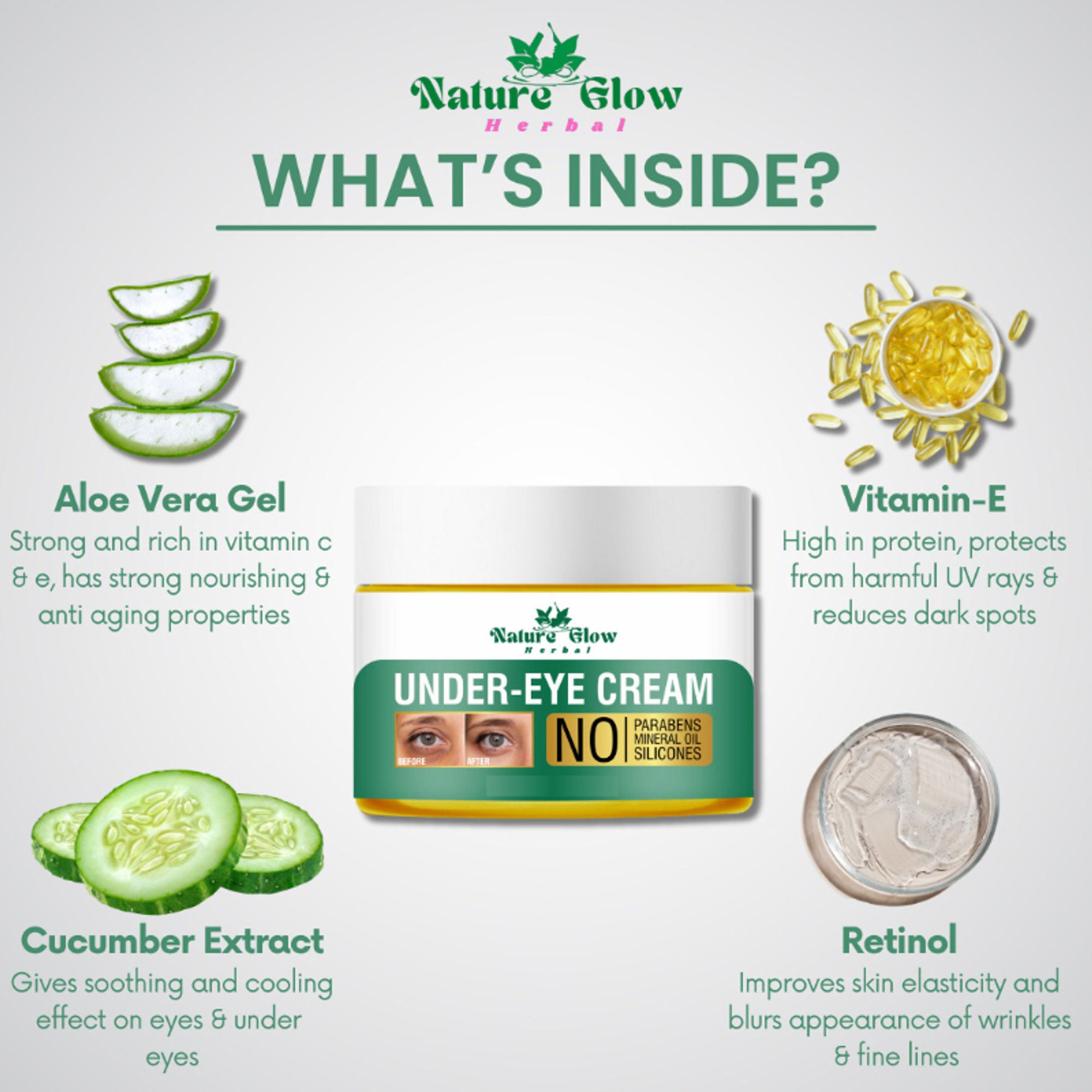 Nature Glow Herbal Under Eye Cream & Caffiene Roll On Combo - Distacart