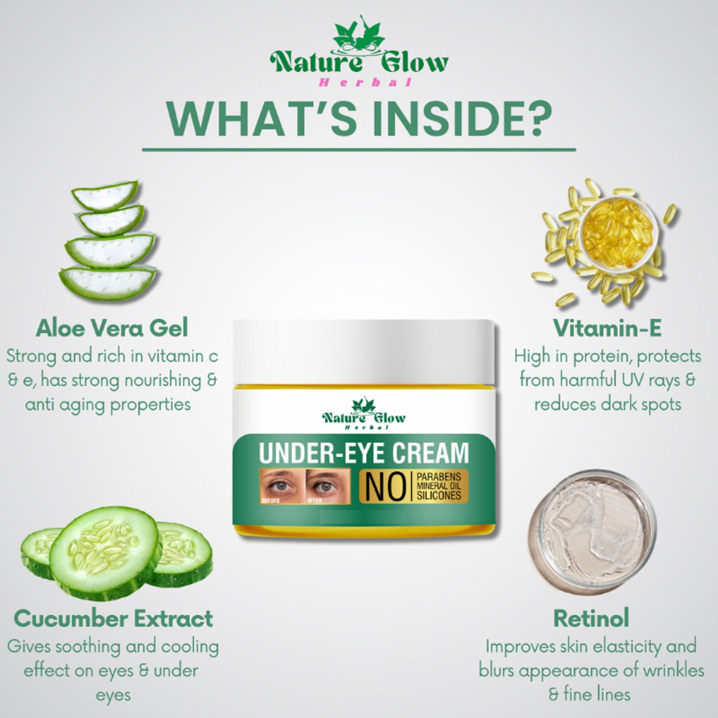 Nature Glow Herbal Under Eye Cream & Greentea Gel Roll On Combo - Distacart