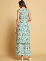 Thumbnail for Sangria Green Floral Printed Sleeveless Straight Linen Kurta & Palazzo