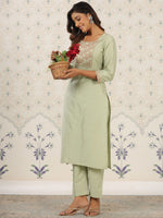Thumbnail for Ode by House of Pataudi Floral Embroidered Thread Work Straight Kurta with Trousers - Distacart
