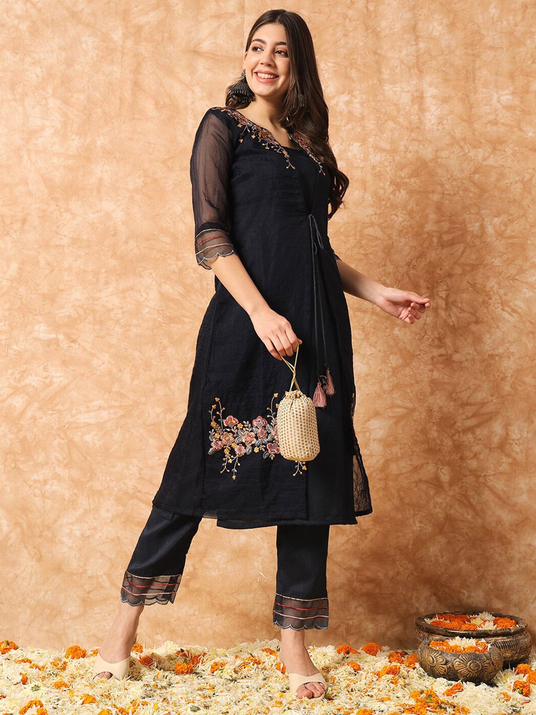 Kalini Floral Embroidered Layered A-Line Kurta with Trousers & Jacket - Distacart