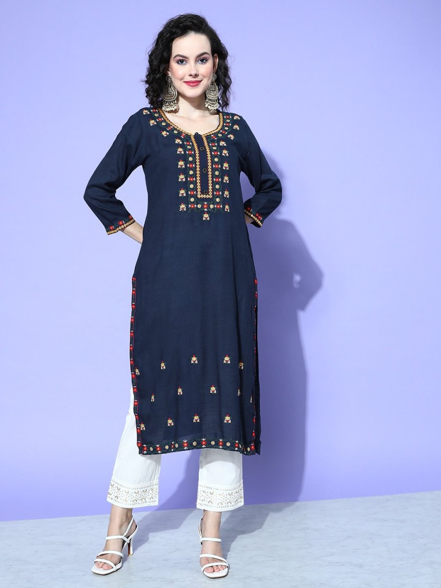 All About You Women Blue Embroidered Regular Mirror Work Liva Kurta with Trousers - Distacart