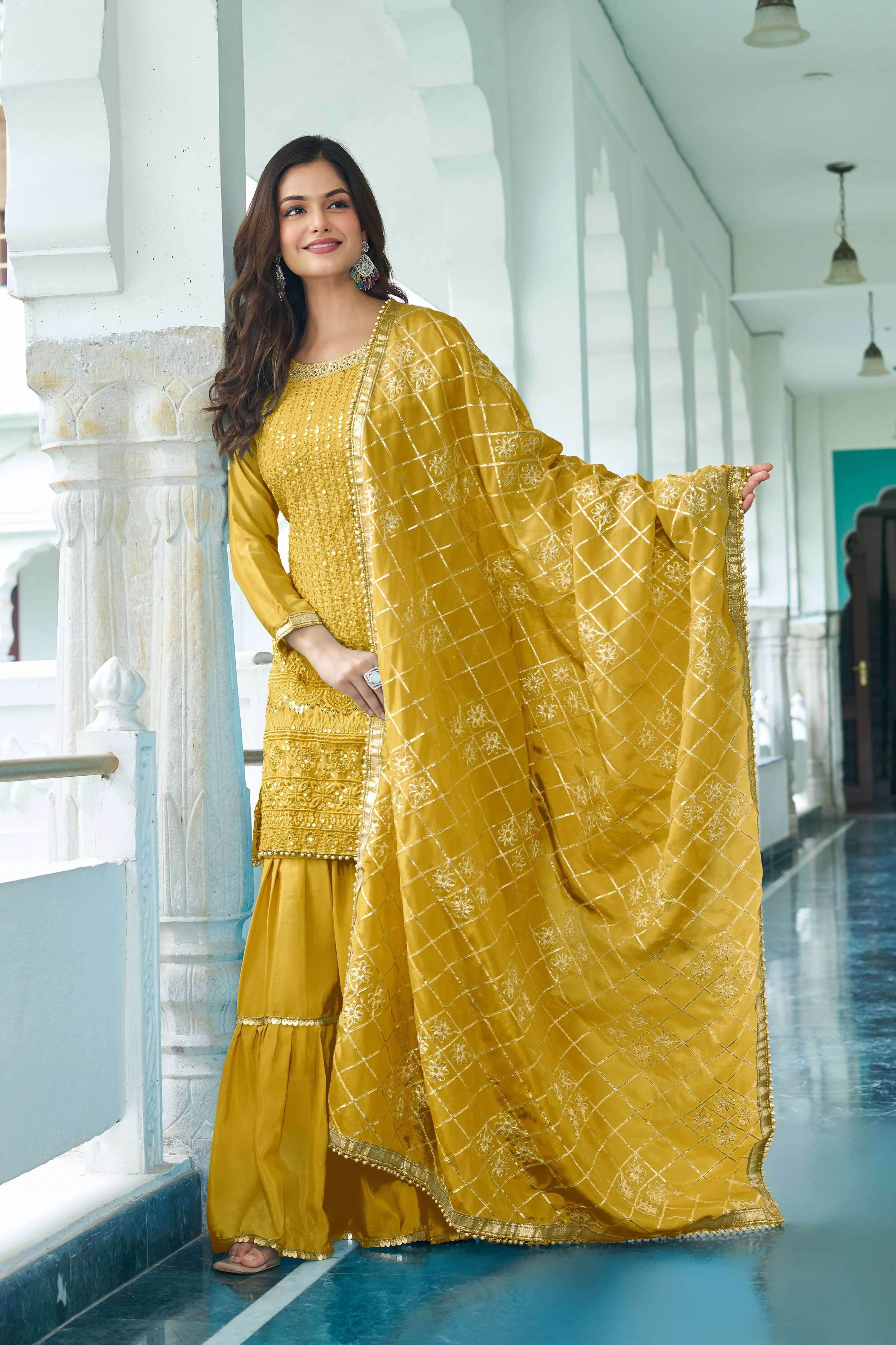 Teeya Creation Yellow Color Chinon Silk Heavy Embroidery Work Fully Stitched Salwar Suit - Distacart