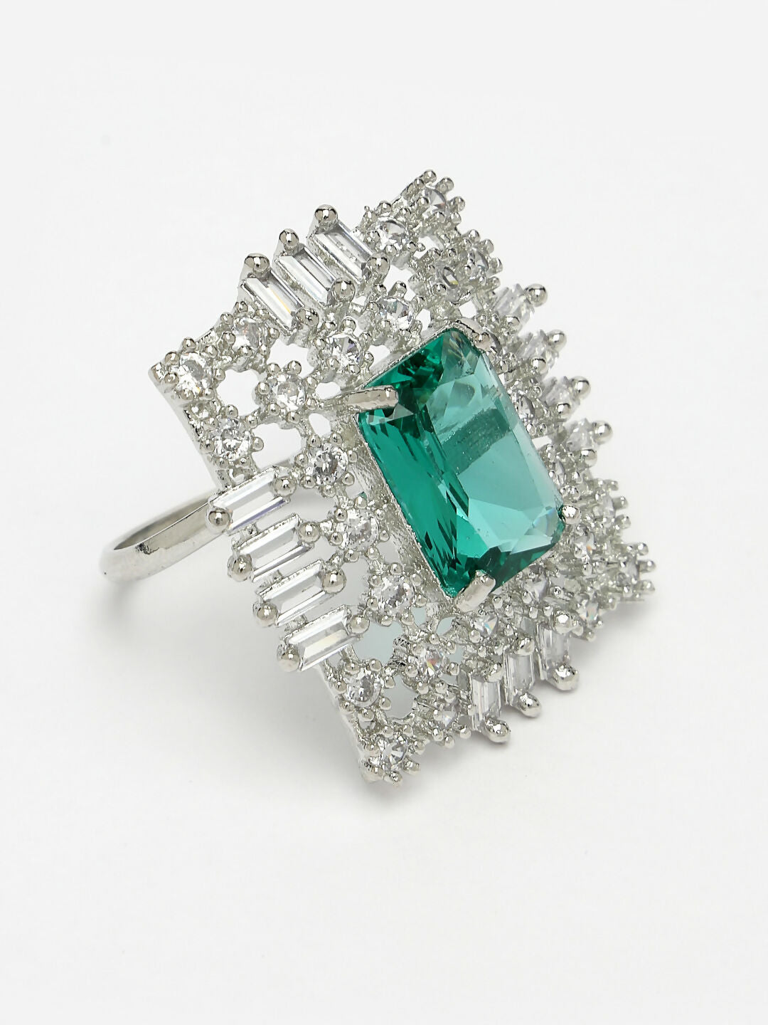 NVR Women's Green & Silver CZ-Studded Square-Shaped Adjustable Finger Ring - Distacart