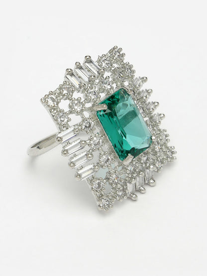 NVR Women's Green & Silver CZ-Studded Square-Shaped Adjustable Finger Ring - Distacart