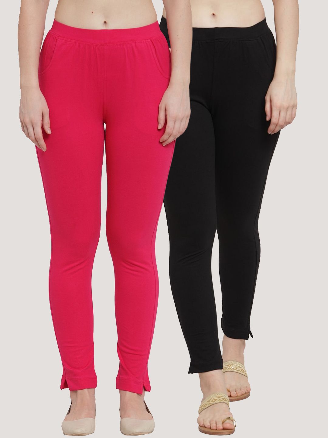 TAG 7 Women Pack Of 2 Pink & Black Solid Straight-Fit Ankle-Length Leggings - Distacart