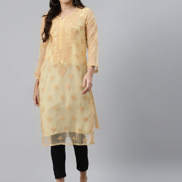 ADA Women Beige & Black Ethnic Motifs Embroidered Chikankari Handloom Kurta with Trousers & Inner - Distacart