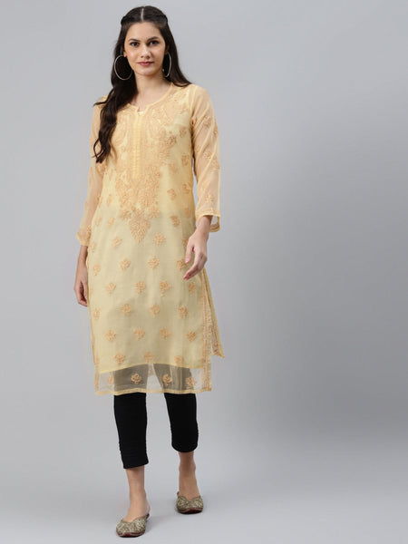 ADA Women Beige & Black Ethnic Motifs Embroidered Chikankari Handloom Kurta with Trousers & Inner - Distacart