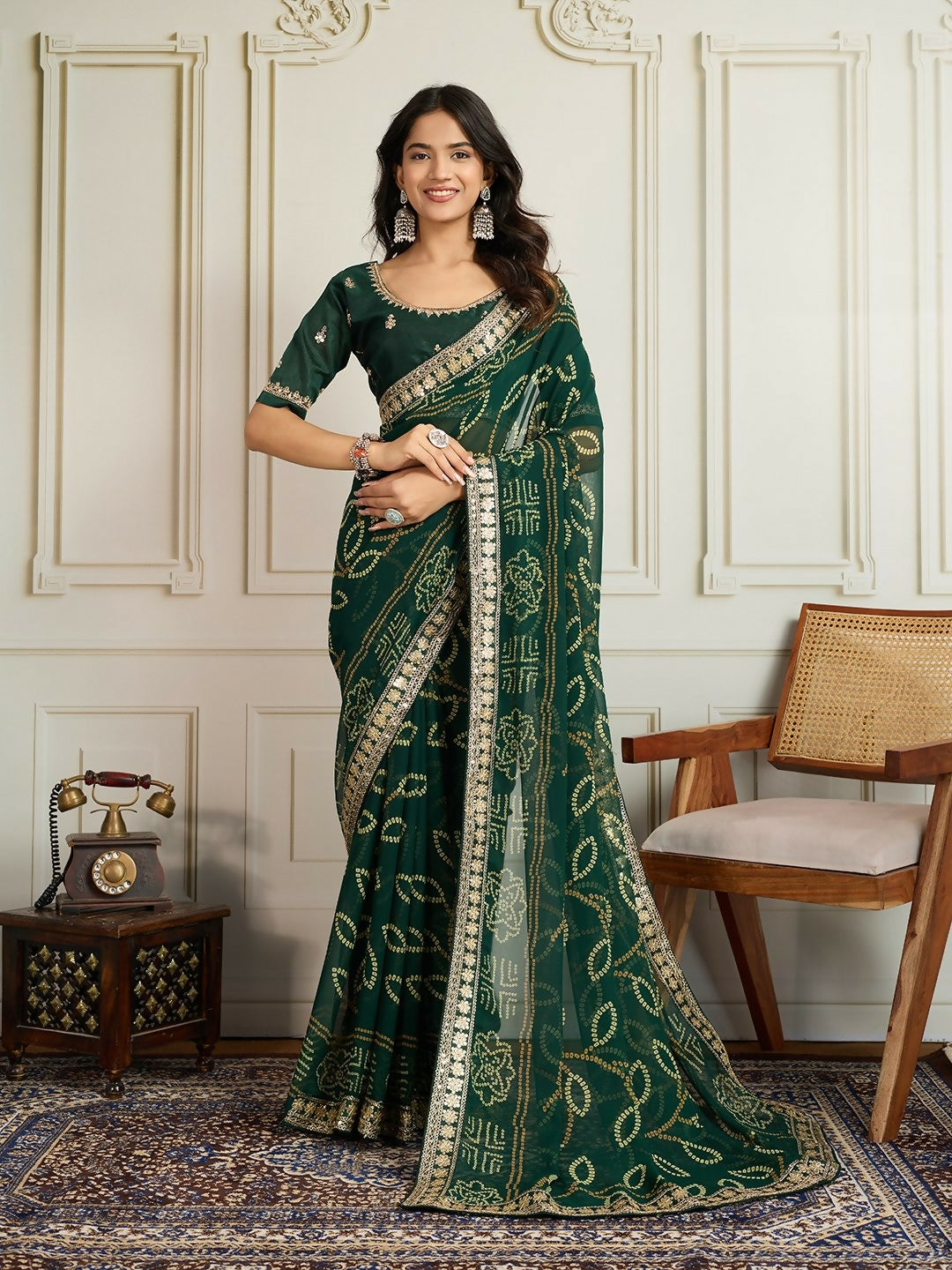 Ai Fashion Dark Green Georgette Rajwadi Bandhani Print Party Wear Saree