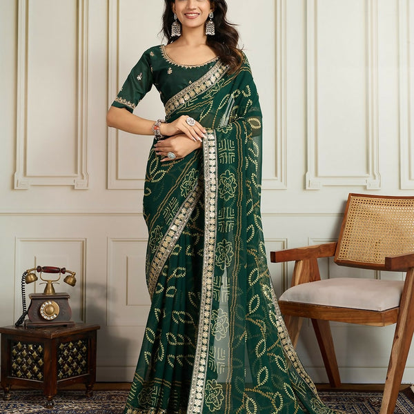 Ai Fashion Dark Green Georgette Rajwadi Bandhani Print Party Wear Saree