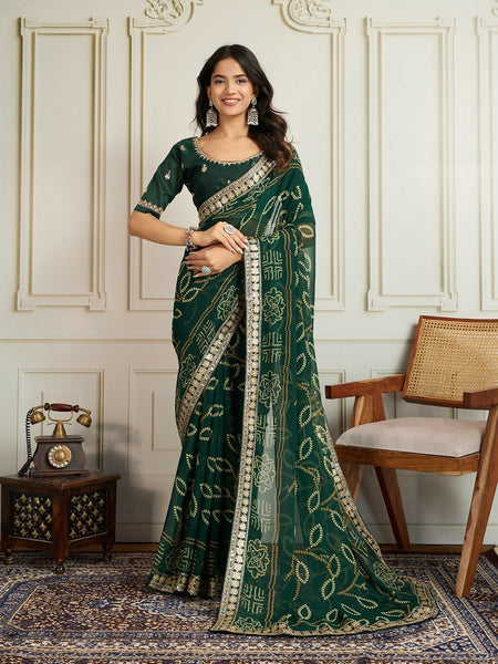 Ai Fashion Dark Green Georgette Rajwadi Bandhani Print Party Wear Saree