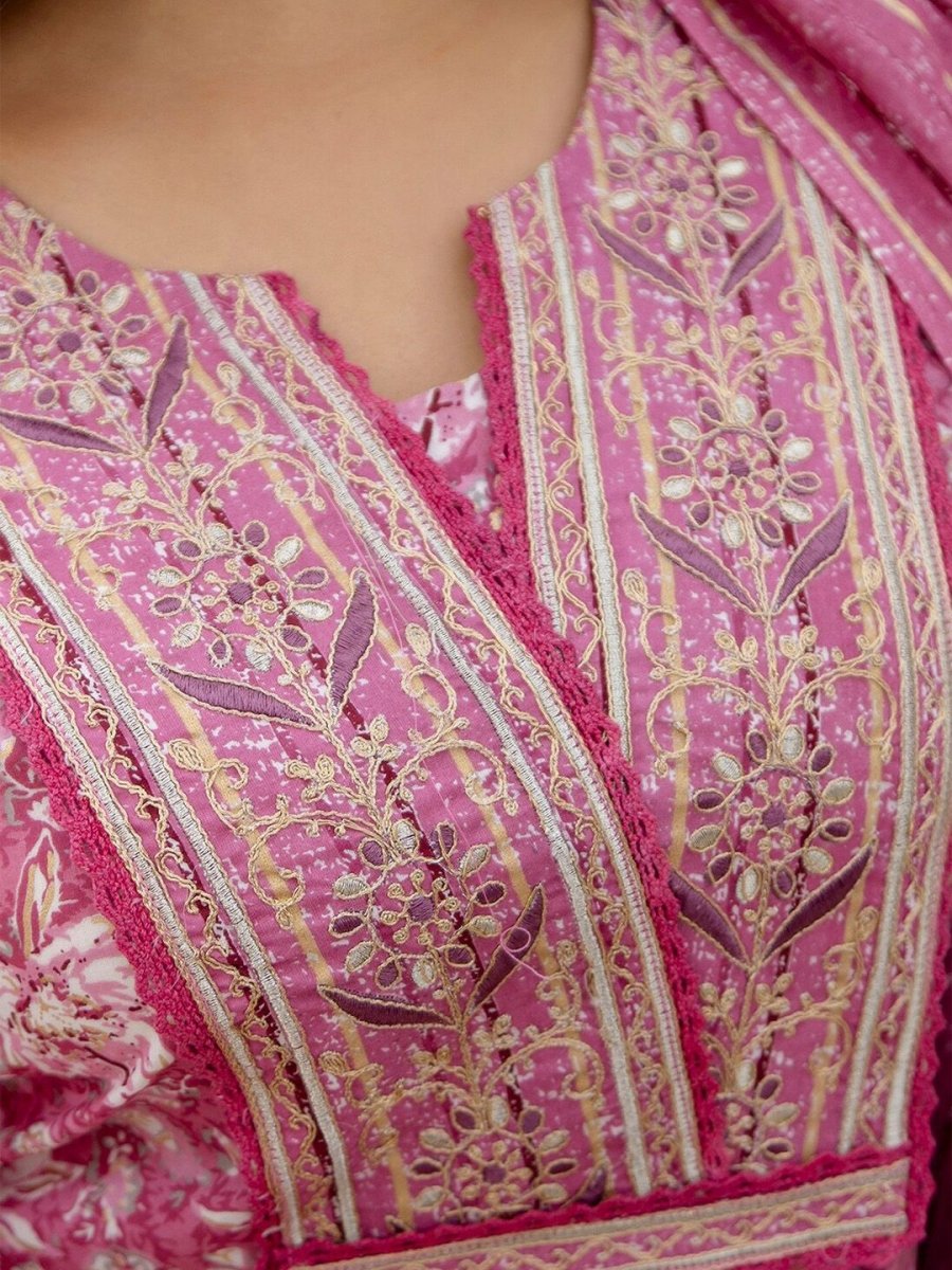 Anouk Floral Embroidered Regular Thread Work Pure Cotton Kurta with Trousers & Dupatta - Distacart