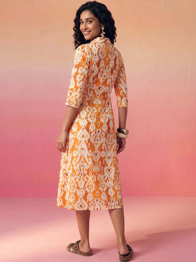 Janasya Orange A-Line Cotton Dress - Dista