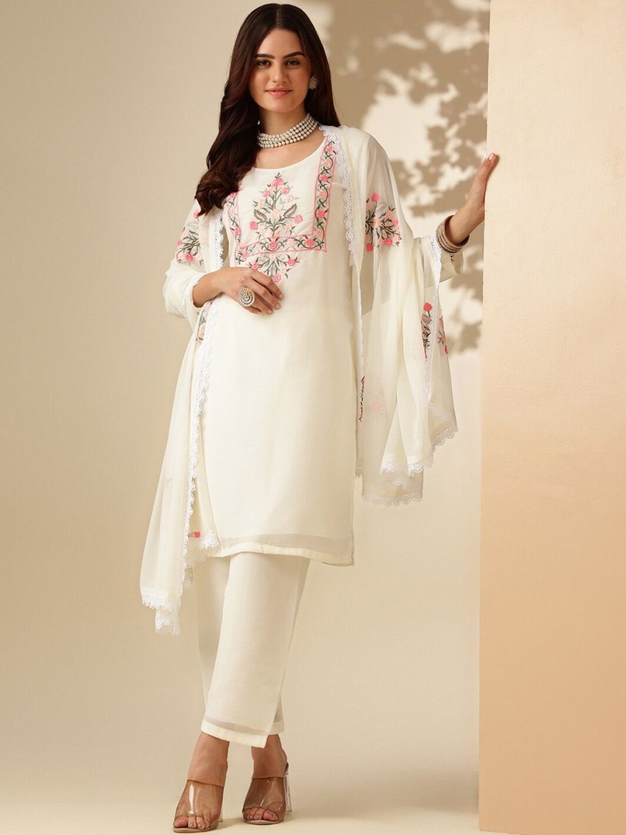 Anouk Floral Yoke Design Regular Thread Work Kurta With Palazzos & Dupatta - Distacart