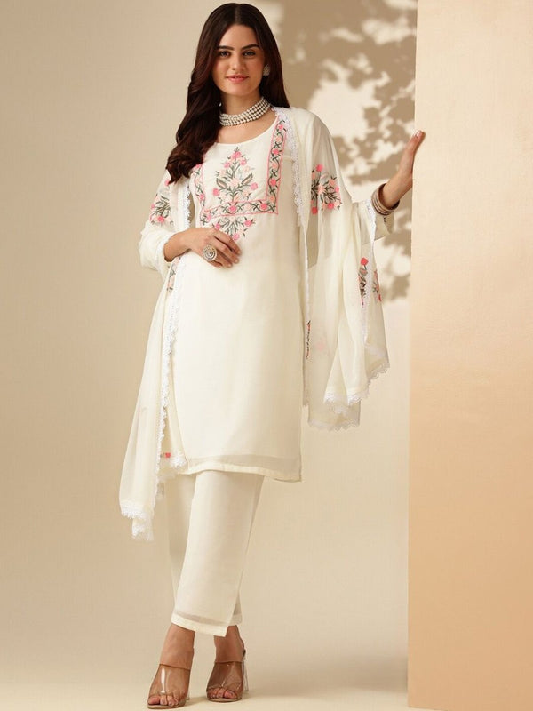 Anouk Floral Yoke Design Regular Thread Work Kurta With Palazzos & Dupatta