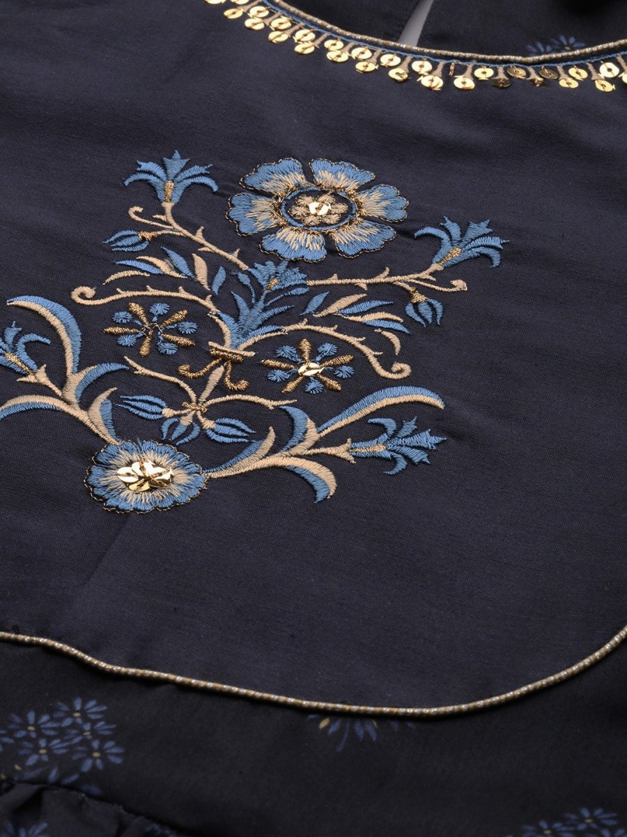 All About You Women Navy Blue Floral Printed Empire Kurta with Trousers - Distacart