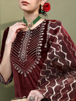 Thumbnail for Vishudh Women Floral Embroidered Knitted Velvet Kurta with Trousers & With Dupatta