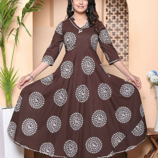 Miravan Womens Printed V-Neck Cotton Anarkali Kurta Brown - Distacart