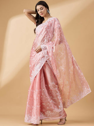 Peach Tissue Slub Embroidered Saree with Unstitched Blouse - Vairagi - Distacart