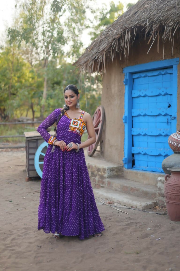 Aastha Fashion Women's Purple Faux Georgette Bandhani Print work with kutchi patchework Gown - Distacart
