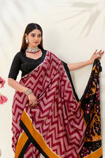 Thumbnail for Vastranavya Maroon Tussar Silk Zigzag Waves Printed Saree with Unstitched Blouse - Distacart