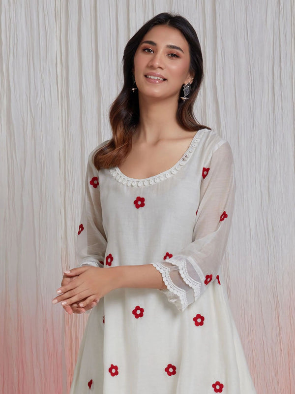 Kalini Floral Embroidered A-Line Thread Work Kurta With Palazzos & Dupatta - Distacart
