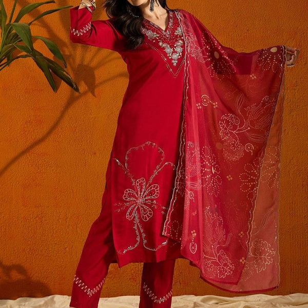 Anouk Floral Embroidered Regular Beads & Stones Straight Kurta With Trousers & Dupatta - Distacart