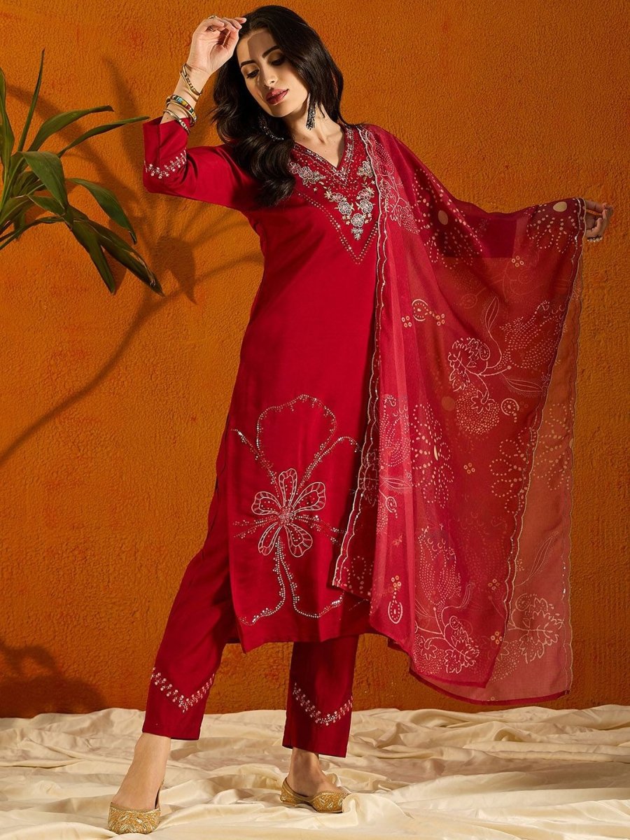 Anouk Floral Embroidered Regular Beads & Stones Straight Kurta With Trousers & Dupatta - Distacart