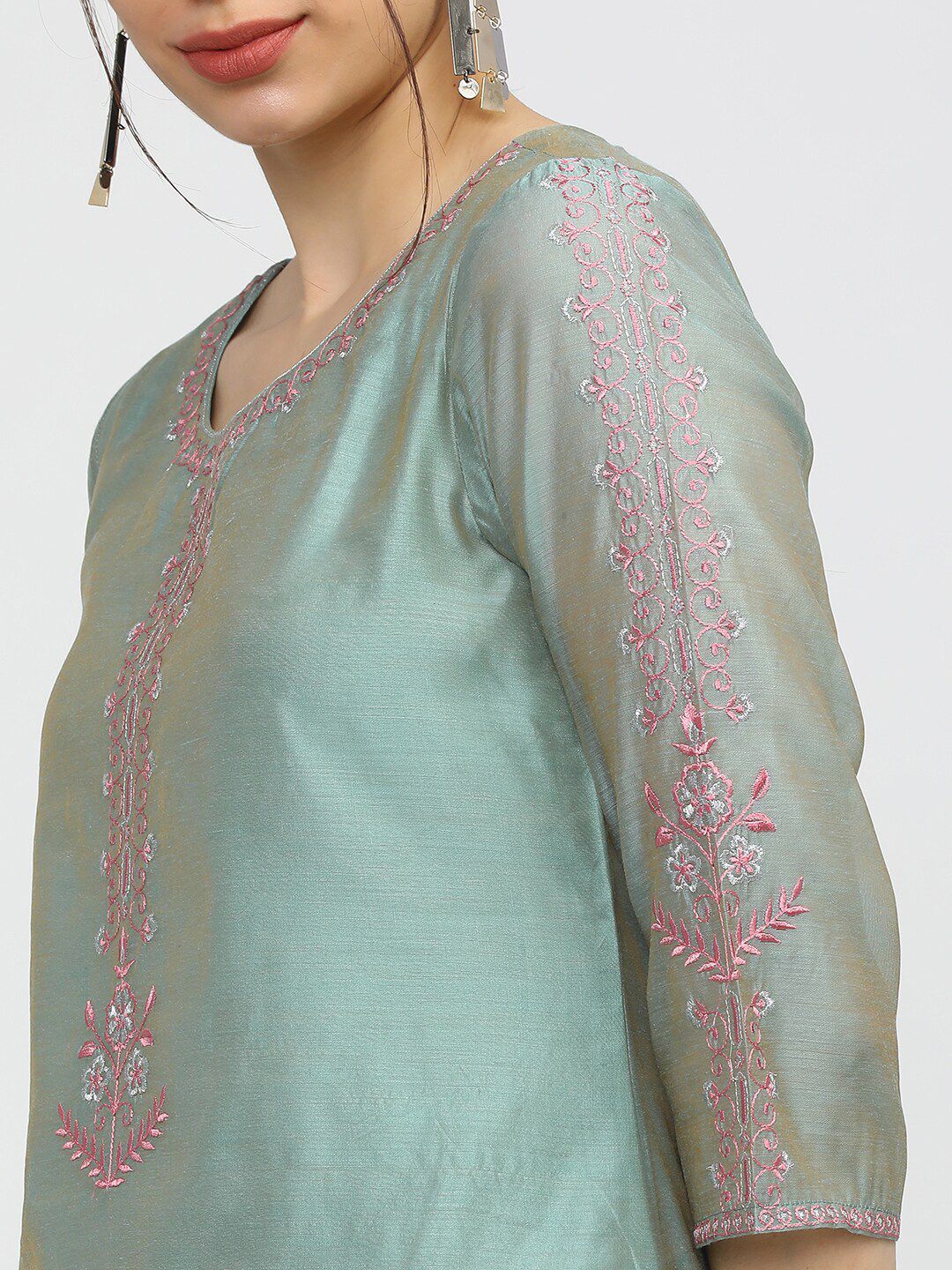 Vishudh Women Blue & Pink Regular Kurta with Trousers & Dupatta - Distacart