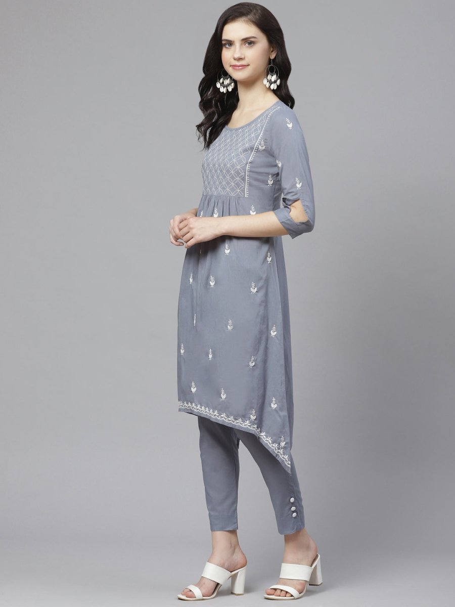 ADA Women Grey & White Chikankari Embroidered Sustainable Handloom Kurta with Trousers - Distacart