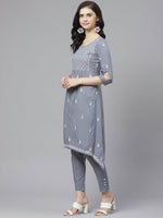 Thumbnail for ADA Women Grey & White Chikankari Embroidered Sustainable Handloom Kurta with Trousers - Distacart