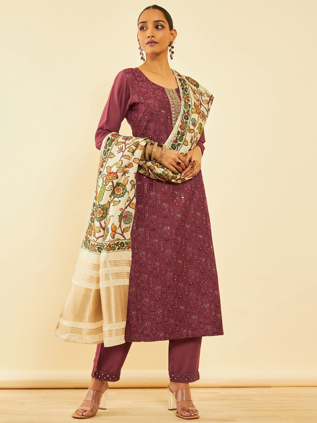 Soch Ethnic Motifs Embroidered Regular Zardozi Kurta with Trousers & Dupatta - Distacart