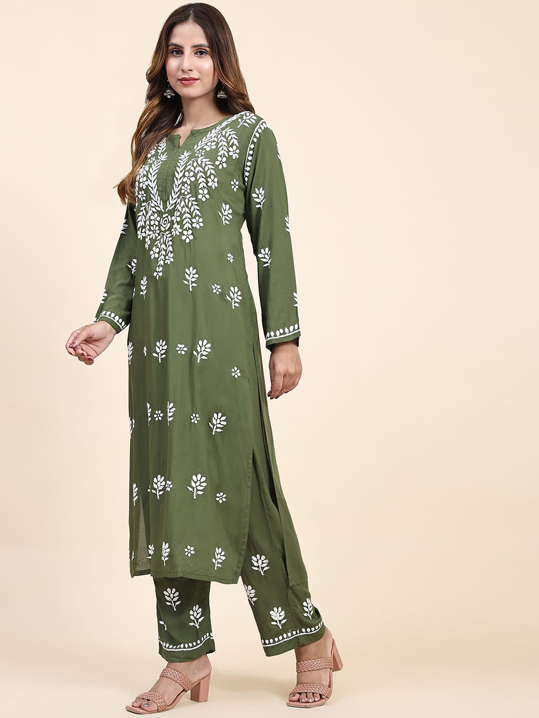 HOUSE OF KARI Floral Embroidered Thread Work Pure Cotton Kurta with Trousers - Distacart