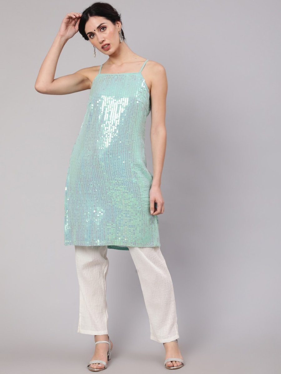 Aks Geometric Embroidered Sequinned Georgette Straight Kurta - Distacart