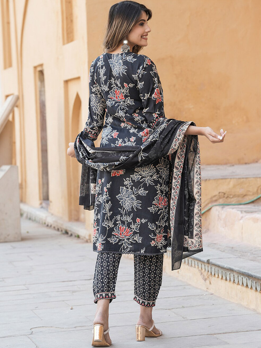 Kalini Women Floral Embroidered Regular Thread Work Pure Cotton Kurta with Trousers & With Dupatta - Distacart