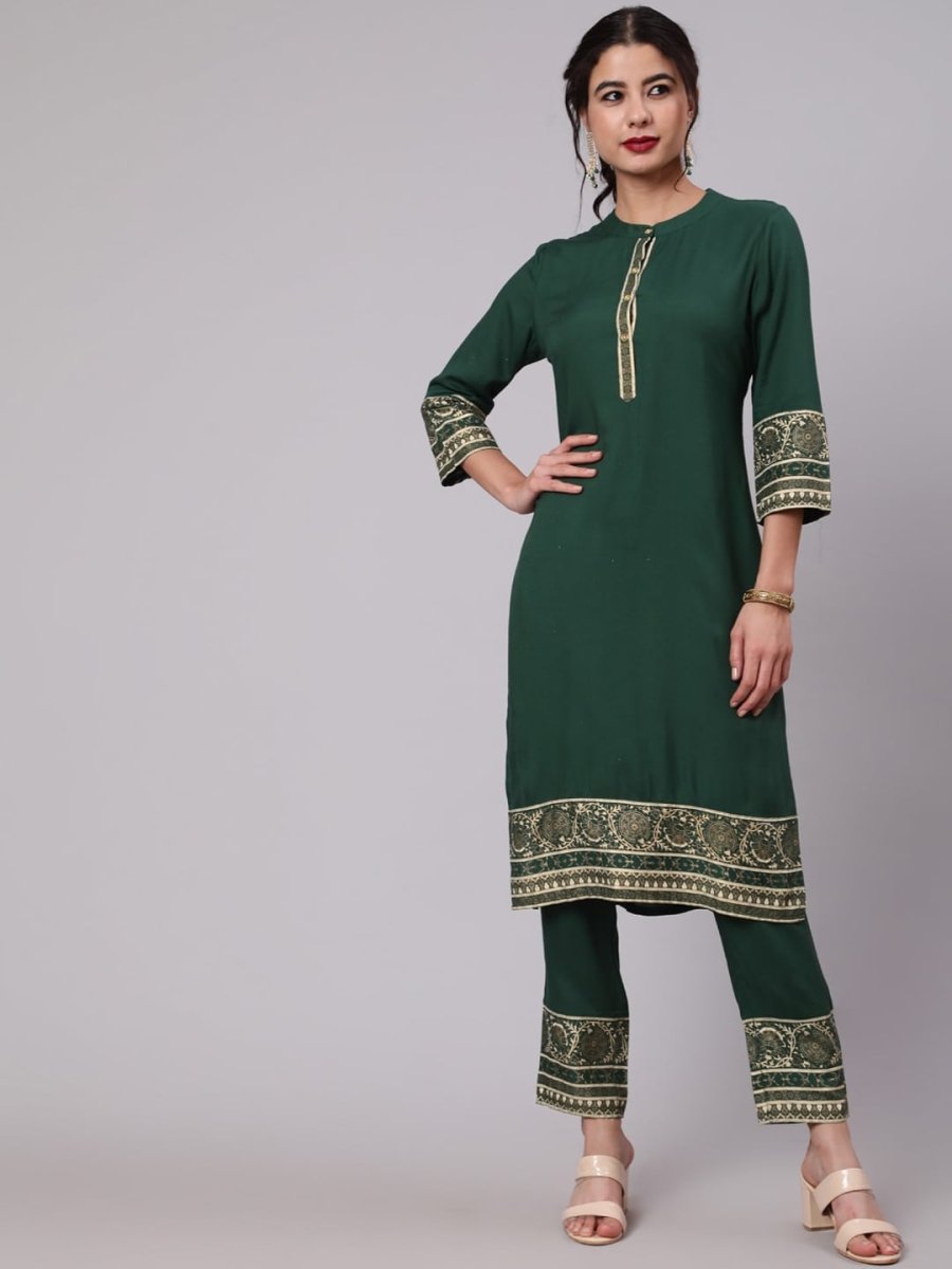 Aks Ethnic Motifs Printed Band Collar Straight Kurta with Trousers - Distacart