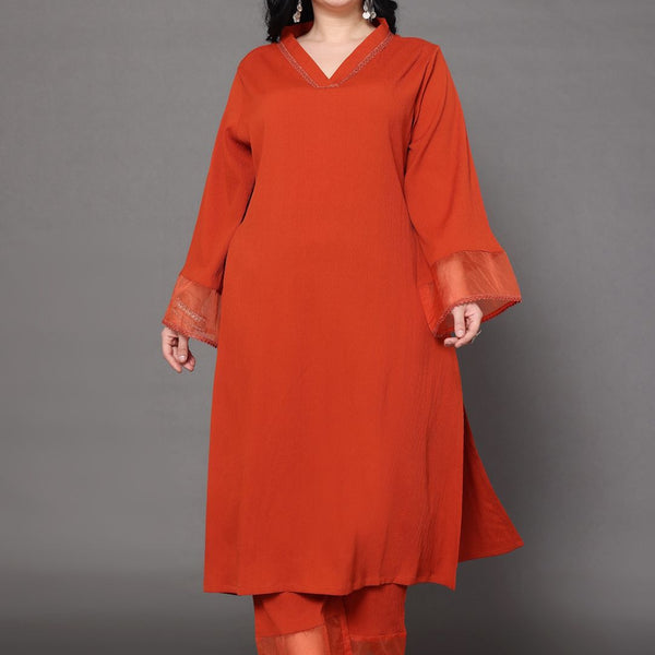 Sztori Plus Size V Neck Regular Silk Crepe Straight Kurta with Trousers - Distacart