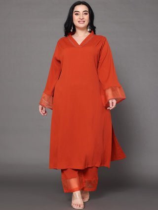 Sztori Plus Size V Neck Regular Silk Crepe Straight Kurta with Trousers